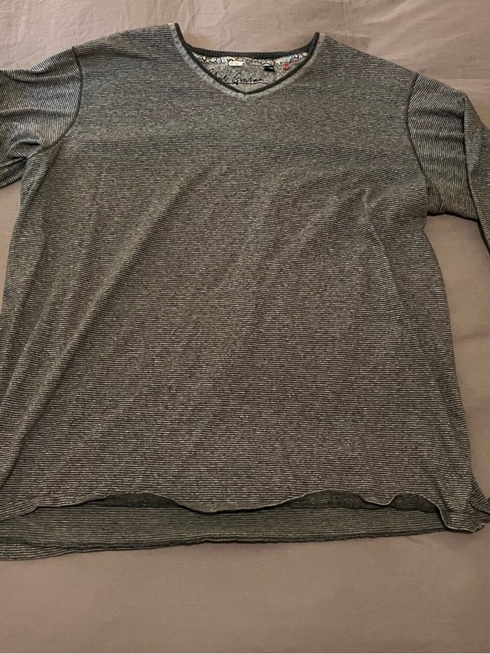 Robert Graham Men's V-Neck Casual Stripe Shirt - Gray